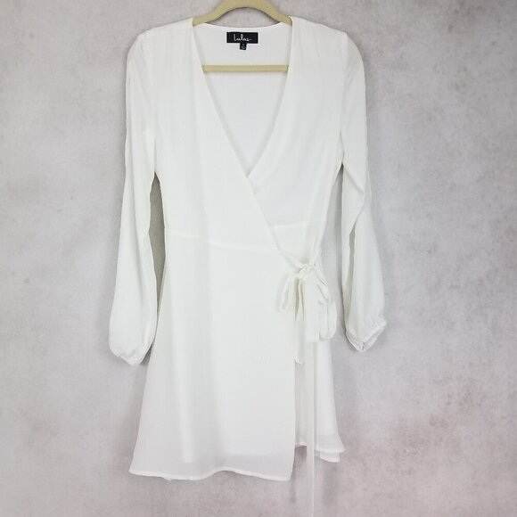 Lulu's Size S White Wrap Mini Dress Long sleeves w cutouts - Picture 1 of 13